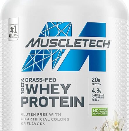 Pot de protéine Whey Muscletech vanille.