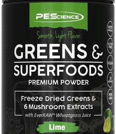 Pot de superaliments verts, lime, complément alimentaire.