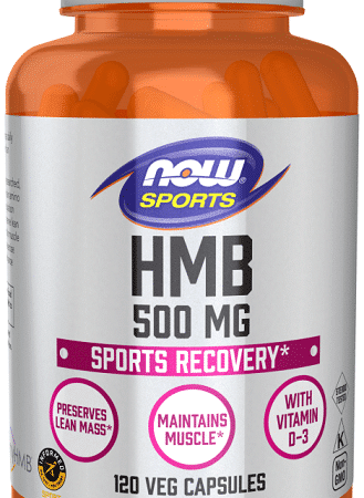 Flacon de capsules HMB 500 mg pour récupération sportive.
