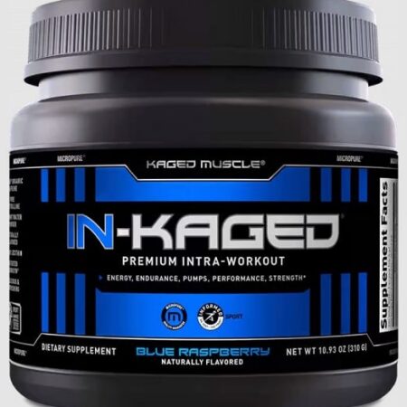 Pot de complément alimentaire sportif IN-KAGED, saveur framboise.