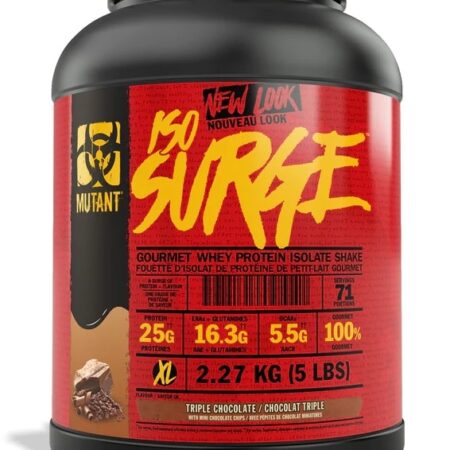 Pot de protéine whey, chocolat, Iso Surge.