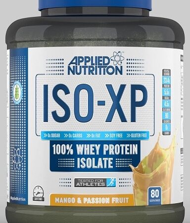 Pot de protéine whey isolée ISO-XP, saveur mangue-passion.