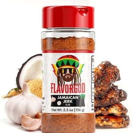 Épices jerk jamaïcaines FlavorGod avec ail, noix de coco.