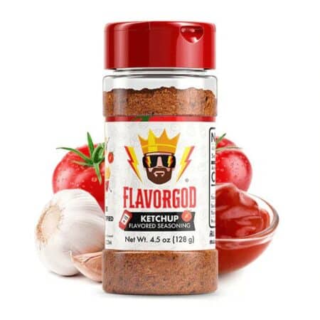 Assaisonnement aromatisé ketchup FlavorGod avec tomates et ail.