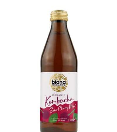 Bouteille de Kombucha bio saveur cerise sur fond blanc