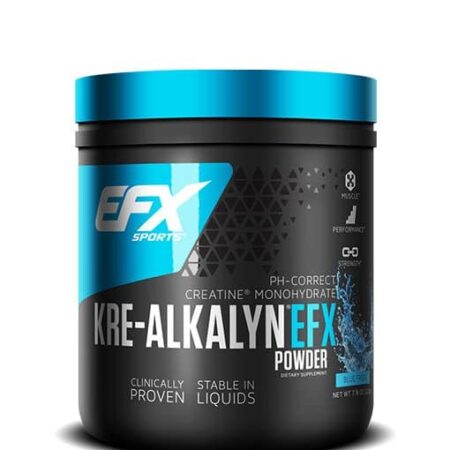 Pot de créatine Kre-Alkalyn EFX bleu et noir.