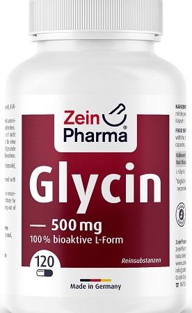 Flacon Glycine Zein Pharma 500 mg, complément alimentaire.