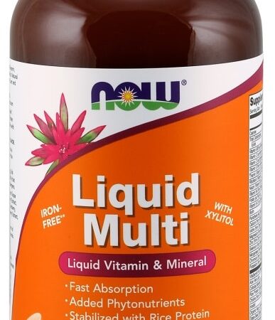 Multivitamines liquides, minéraux, sans fer, arôme orange tropical.