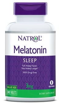 Complément alimentaire Natrol Mélatonine 3mg pour le sommeil.
