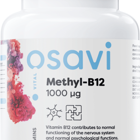 Supplément alimentaire Methyl-B12 végan en flacon.