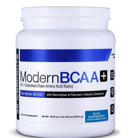 Pot de BCAA moderne, saveur framboise bleue.