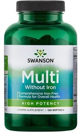 Flacon de vitamines Swanson sans fer, haute efficacité.