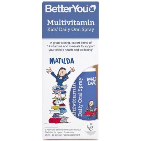 Spray oral multivitamines pour enfants, goût chocolat et guimauve.