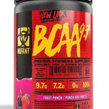 Pot de complément alimentaire BCAA, saveur fruitée.