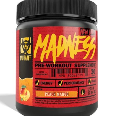 Pot de complément pré-entraînement pêche-mangue.