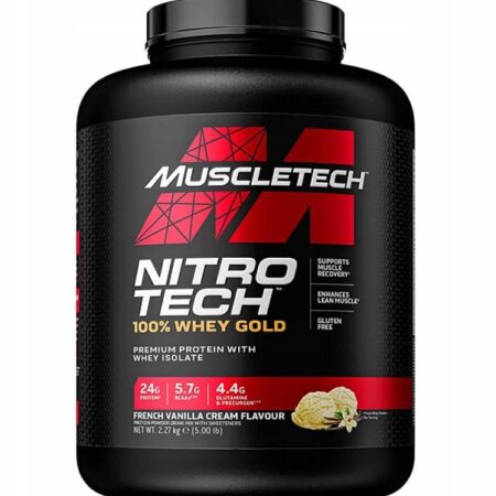 Pot de protéine Whey Gold vanille.