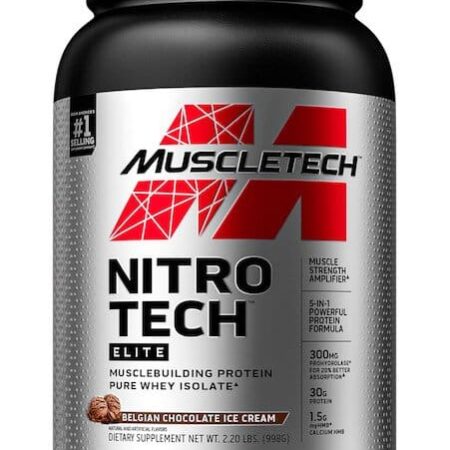 Pot de protéine Nitro Tech saveur chocolat.