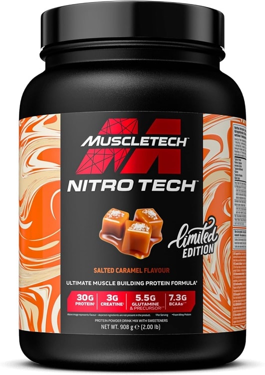Pot de protéines Muscletech Nitro Tech, caramel.