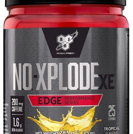 Pot de complément sportif NO-Xplode saveur tropicale.