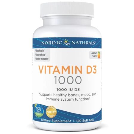 Flacon de Vitamine D3, 1000 IU, complément alimentaire.