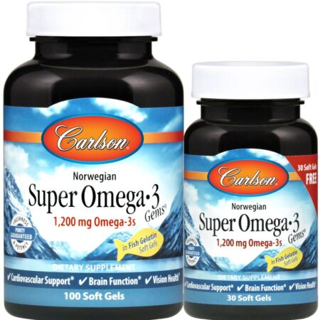 Compléments Omega-3 Carlson pour santé cardiovasculaire.