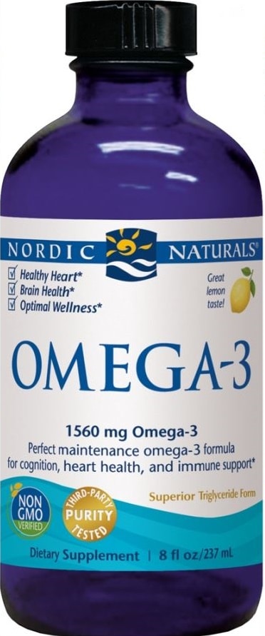 Flacon de supplément Omega-3 Nordic Naturals.