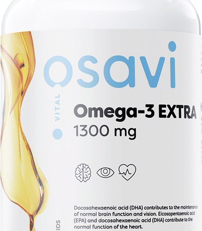 Complément Omega-3 EXTRA 1300 mg, bouteille blanche.