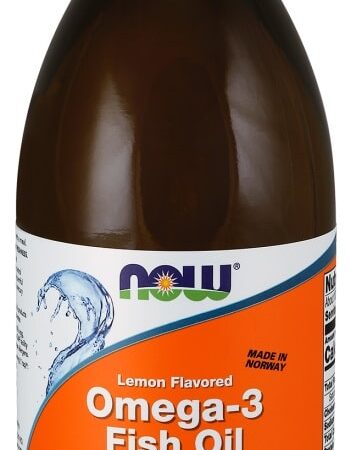 Bouteille d'huile de poisson Omega-3 aromatisée au citron.