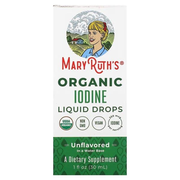 Complément d'iode bio liquide MaryRuth's, gouttes non aromatisées.