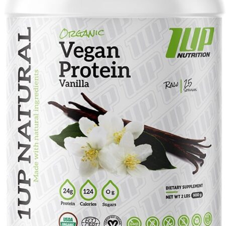 Pot de protéine végane vanille biologique.