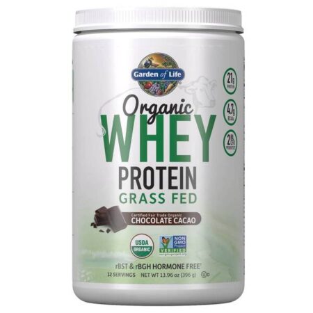 Pot de protéine Whey biologique au chocolat.