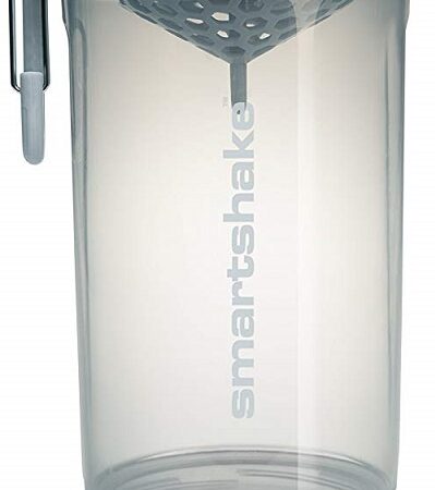 Shaker transparent pour boissons protéinées et suppléments.