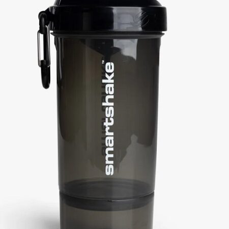 Shaker de sport noir Smartshake pour boisson protéinée.