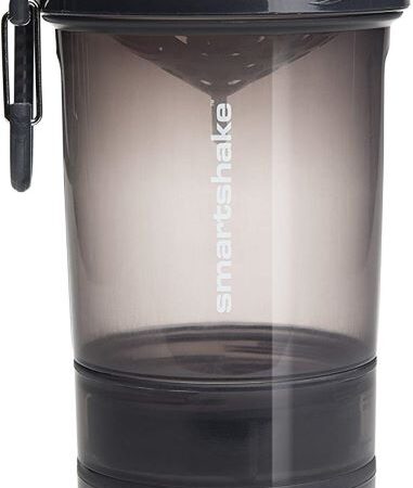 Shaker Smartshake transparent et noir pour sportifs.