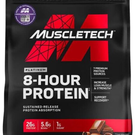 Protéine chocolat Muscletech 8 heures absorption.