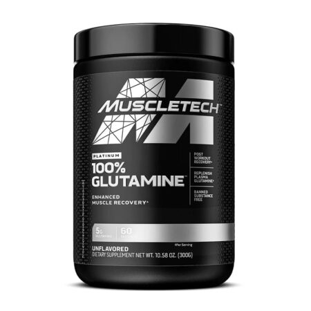 Pot de glutamine Muscletech pour récupération musculaire.