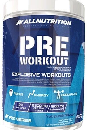 Pot de complément alimentaire Pre Workout saveur fruitée.