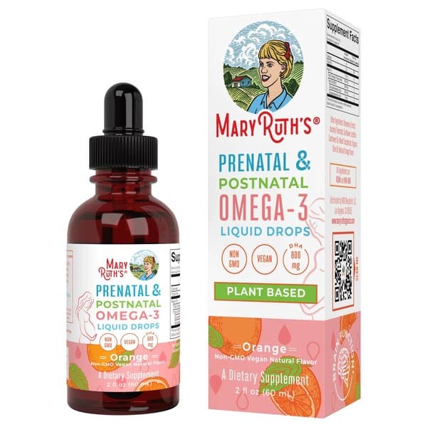 Flacon de supplément Oméga-3 prénatal vegan.