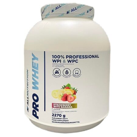 Pot de protéine whey fraise-banane, complément alimentaire.