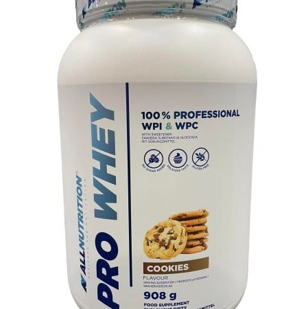 Pot de protéine whey saveur cookies.