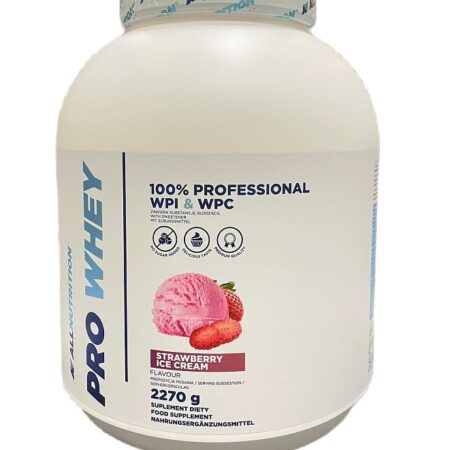 Pot de protéine whey fraise, complément alimentaire sportif.