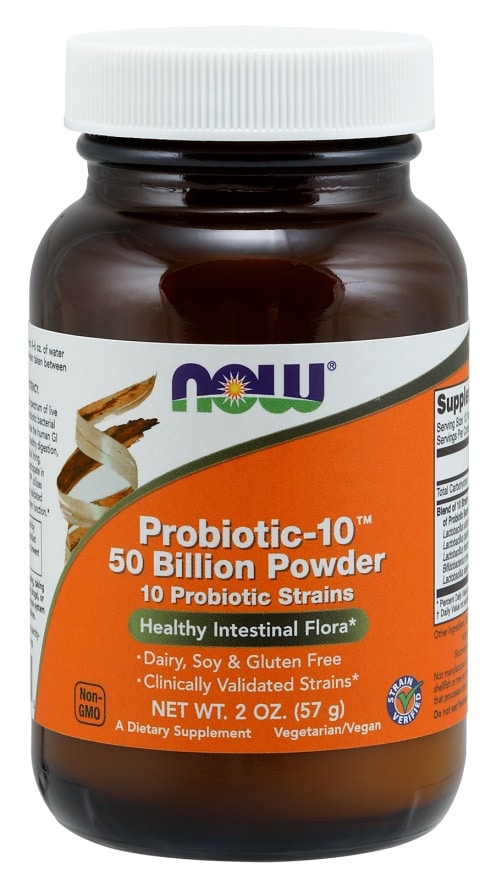 Pot de probiotiques en poudre, complément alimentaire.