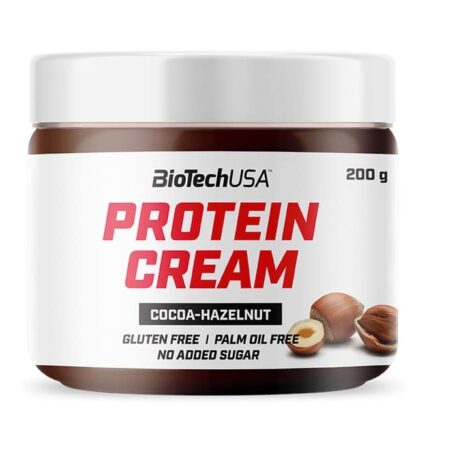 Pot de crème protéinée cacao-noisette, sans gluten.