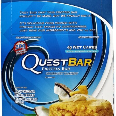 Barre protéinée Quest saveur noix de coco et cajou.
