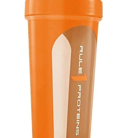 Shaker orange pour protéines, nutrition sportive.