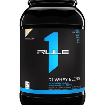 Pot de protéine Whey R1, goût gâteau anniversaire.