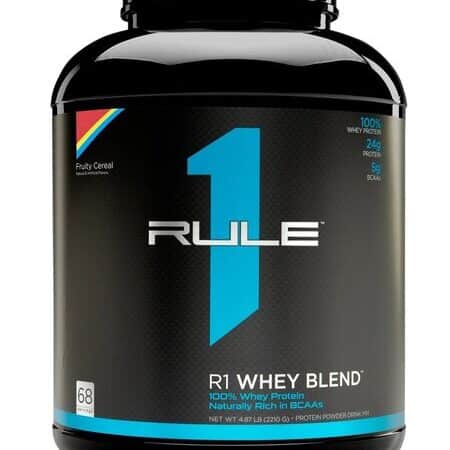Pot de protéines whey Rule1, nutrition sportive.