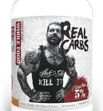 Pot de complément alimentaire "Real Carbs" avec homme tatoué.
