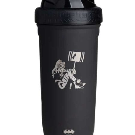 Gourde noire sportive avec logo Batman et Harley Quinn.