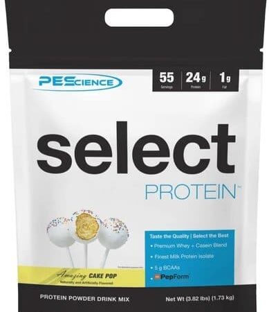 Protéine en poudre Select PEscience, saveur gâteau.